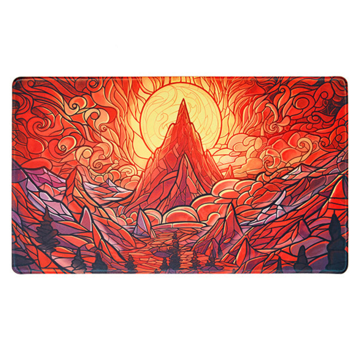 Stained Glass Collection – Playmat. The Stained Glass Collection playmats bring the intricate beauty of cathedral windows to the gaming table. Featuring high-resolution, original stained glass-inspired artwork, these 24" x 14" playmats provide a vibrant and refined aesthetic for any TCG player. Features: • Premium fabric surface for smooth card movement. • Stitched edges to prevent fraying and increase durability. • Non-slip rubber backing for a stable play experience. • Sized at 24" x 14", perfect for comp